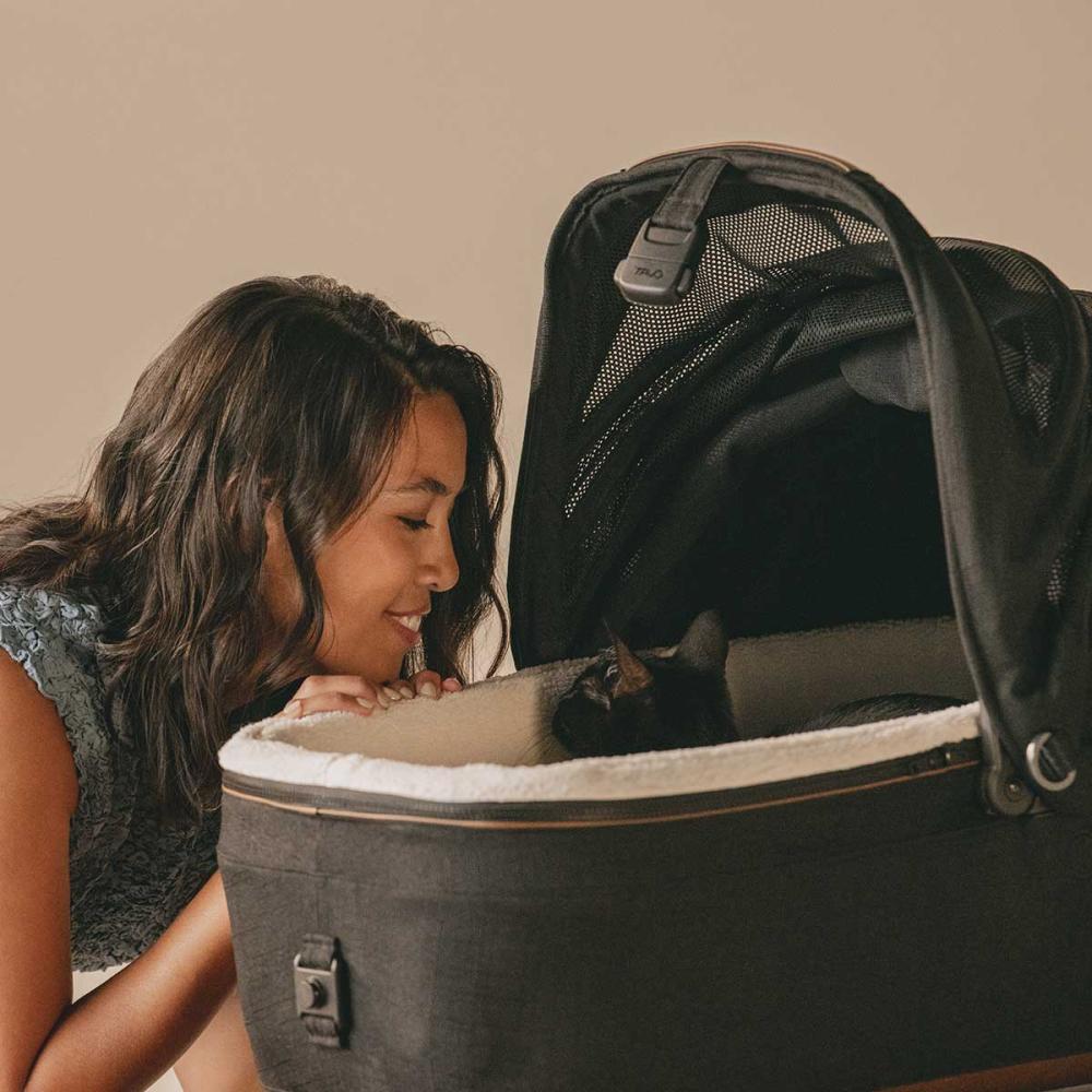 A fluffy white cat sitting in the Maeve carrier in onyx fashion with open canopy.