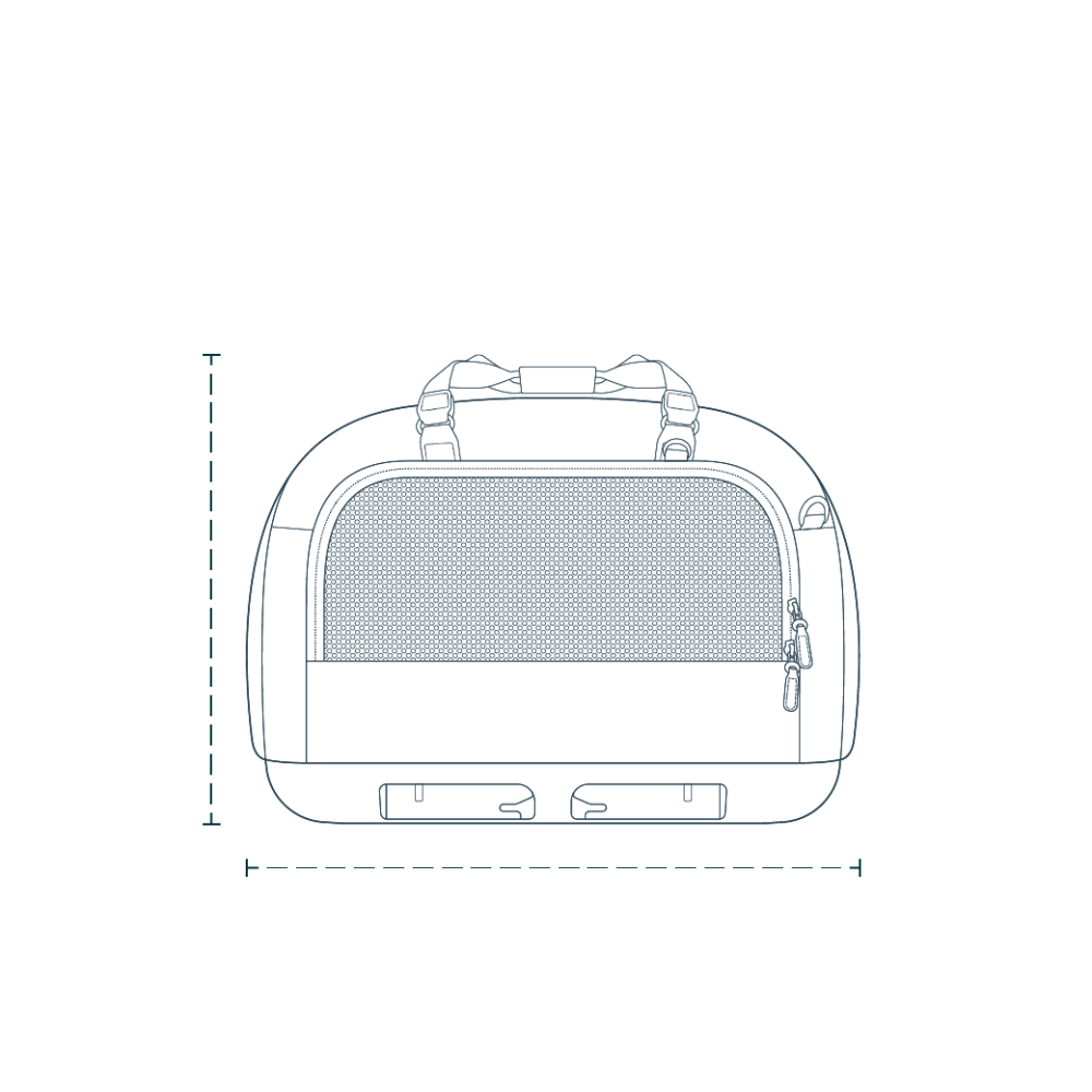 A line drawing of the Hendrick Pet Car Seat with lines measuring the length and height of the product