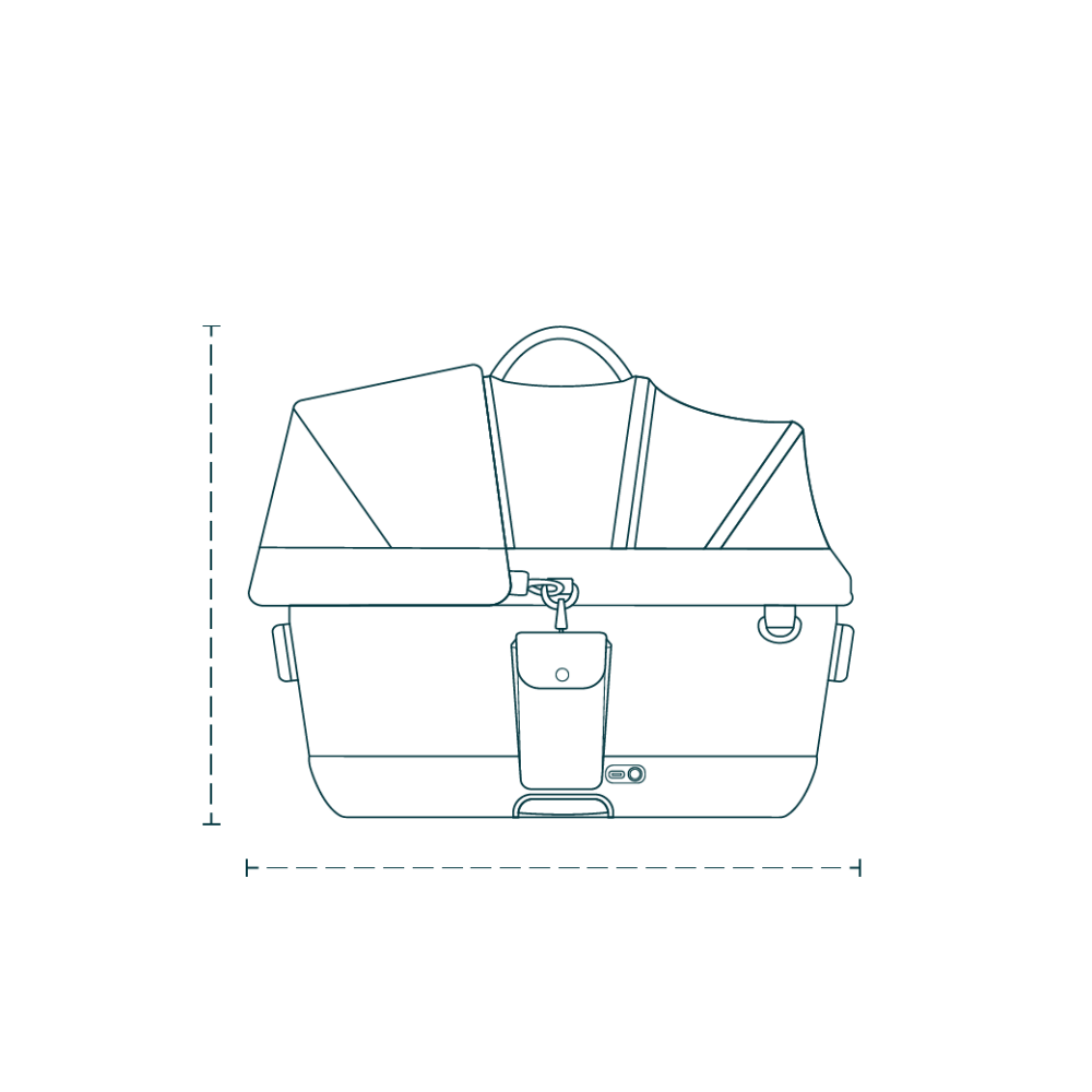 An outline of the Maeve iso 5x Wind Pet Car Seat and lines to measure it