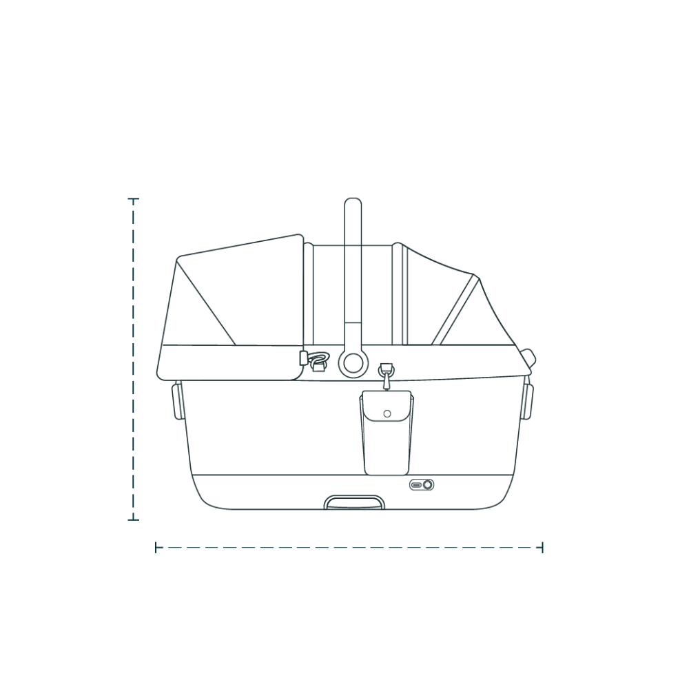 An outline of the Maeve iso 6x Wind Pet Car Seat and lines to measure it