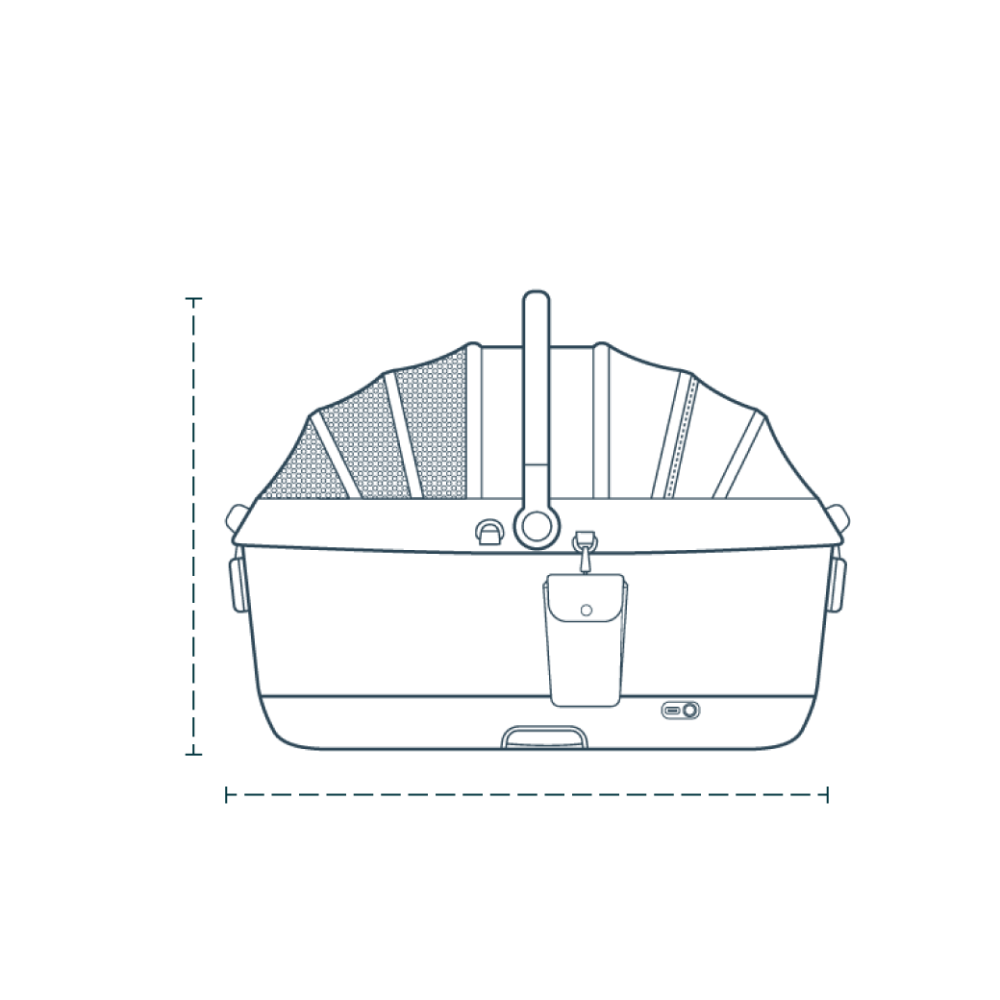 An outline of the Maeve iso 7x Wind Pet Car Seat and lines to measure it