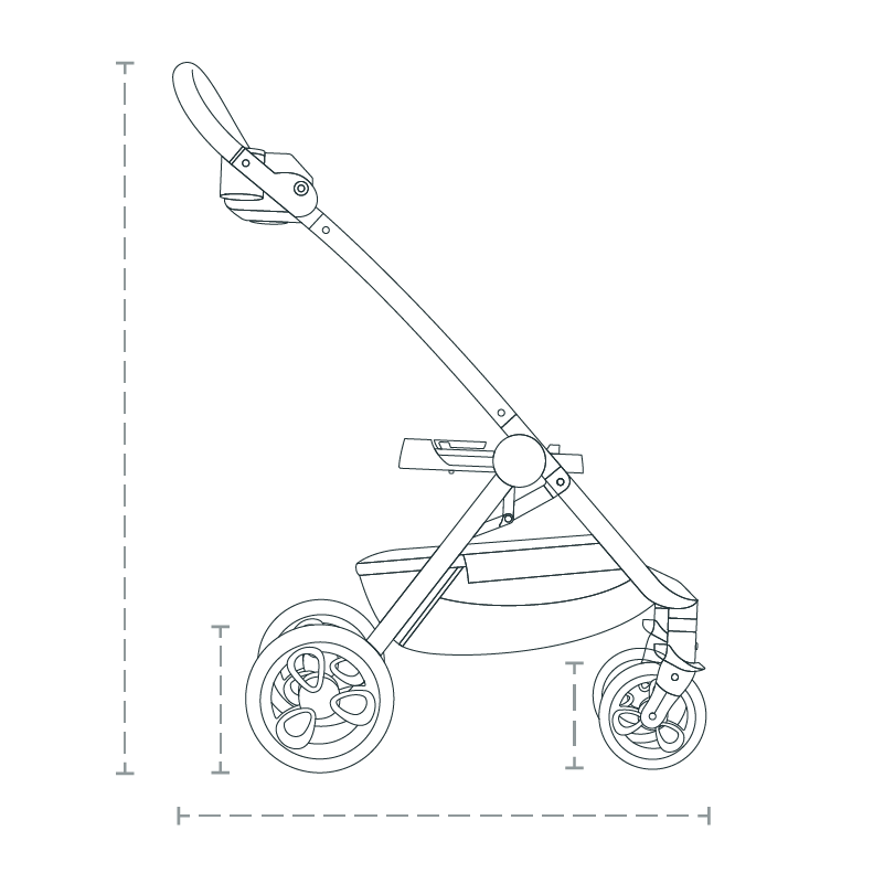 A line drawing of the Roscoe Trek Stroller with lines measuring the length and height of the product