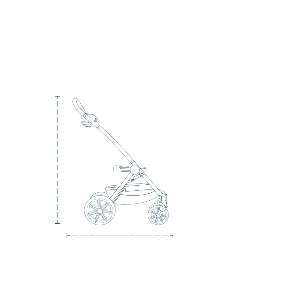 An outline of the roscoe trek stroller frame and lines to measure it
