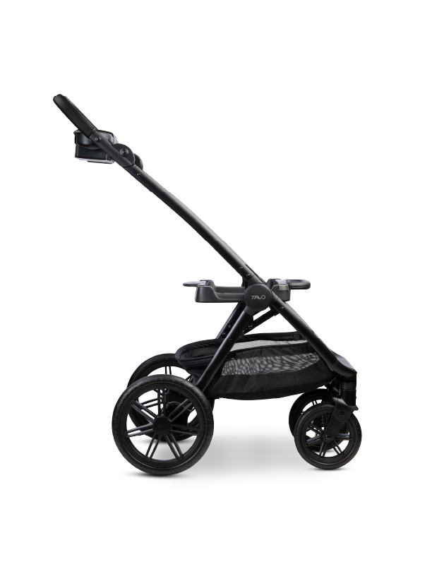 A black Roscoe Trek Pet Stroller Frame shown on from the side