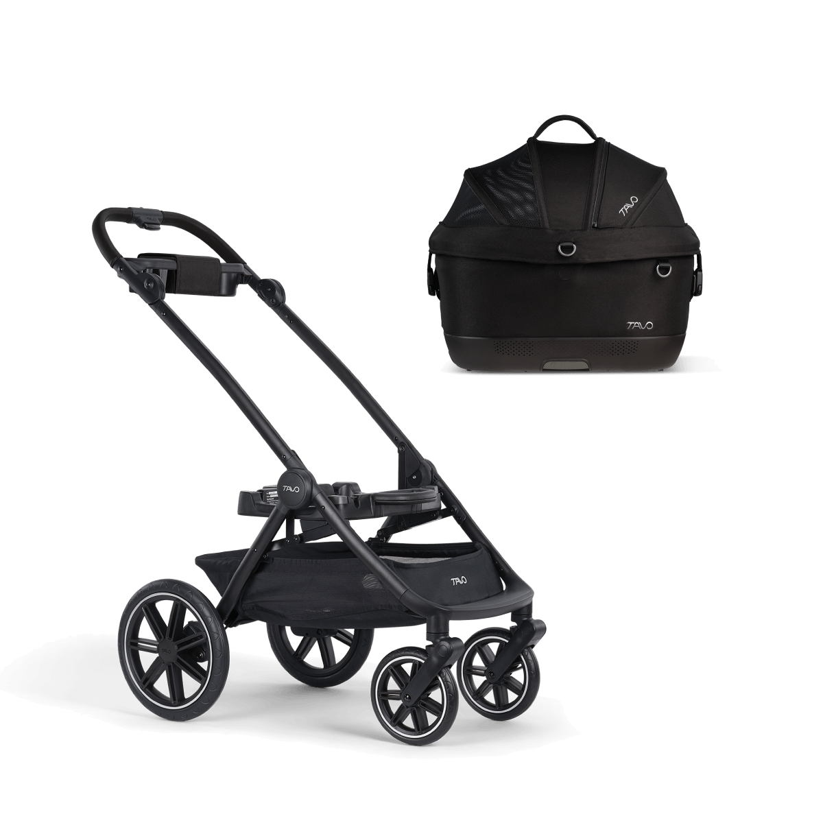 A Maeve iso 5x Pet Car Seat closed, in onyx, sitting next to  the Roscoe Trek 2.0 Pet Stroller Frame
