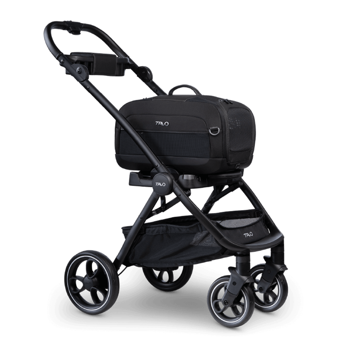 Tavo Pets Dupree I crash-tested pet car seat and Roscoe pet stroller frame in Onyx black