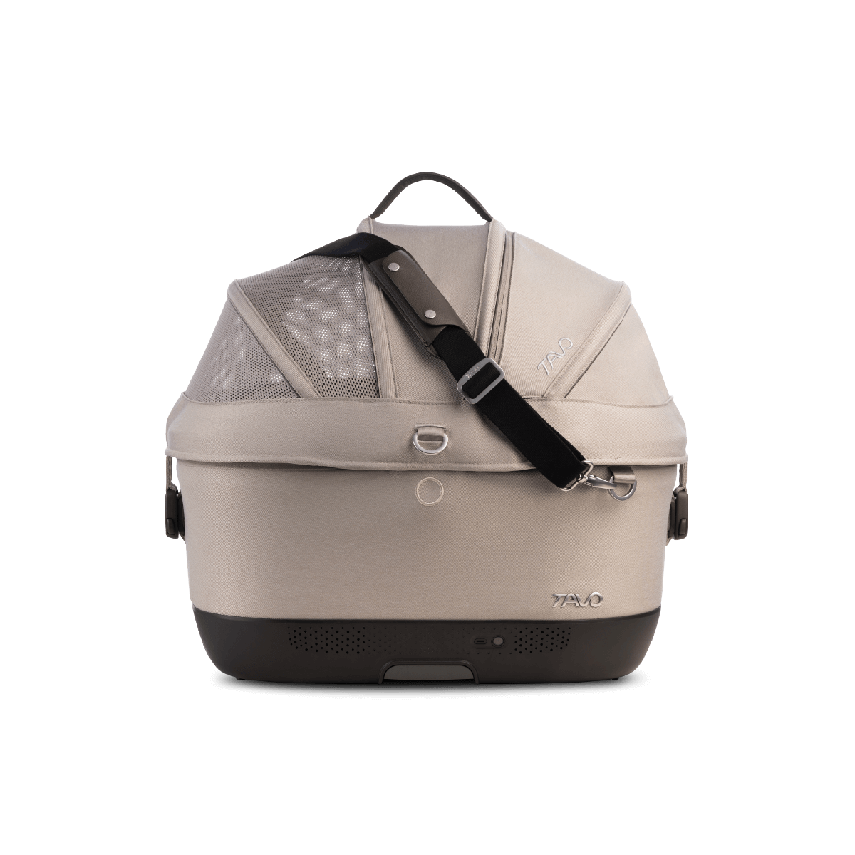 A Maeve iso 5x Wind Pet Car Seat in the fashion tawny from the side with the canopy closed
