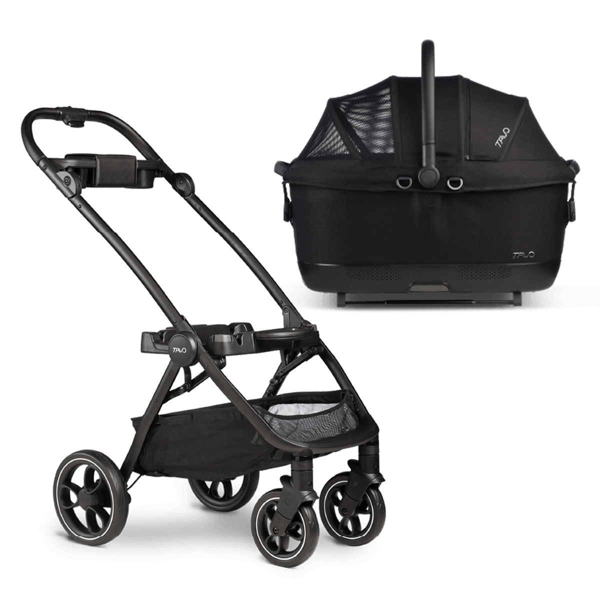 Tavo Roscoe dog stroller with black Maeve iso5x crash tested pet car seat travel system