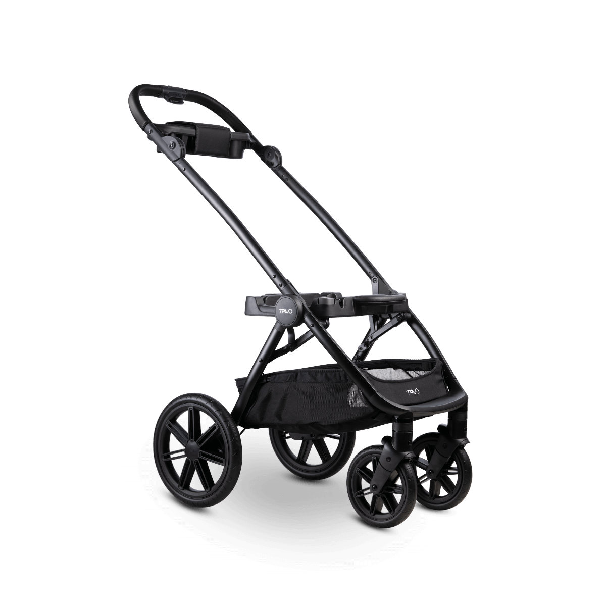 A black Roscoe Trek  Pet Stroller Frame shown on an angle