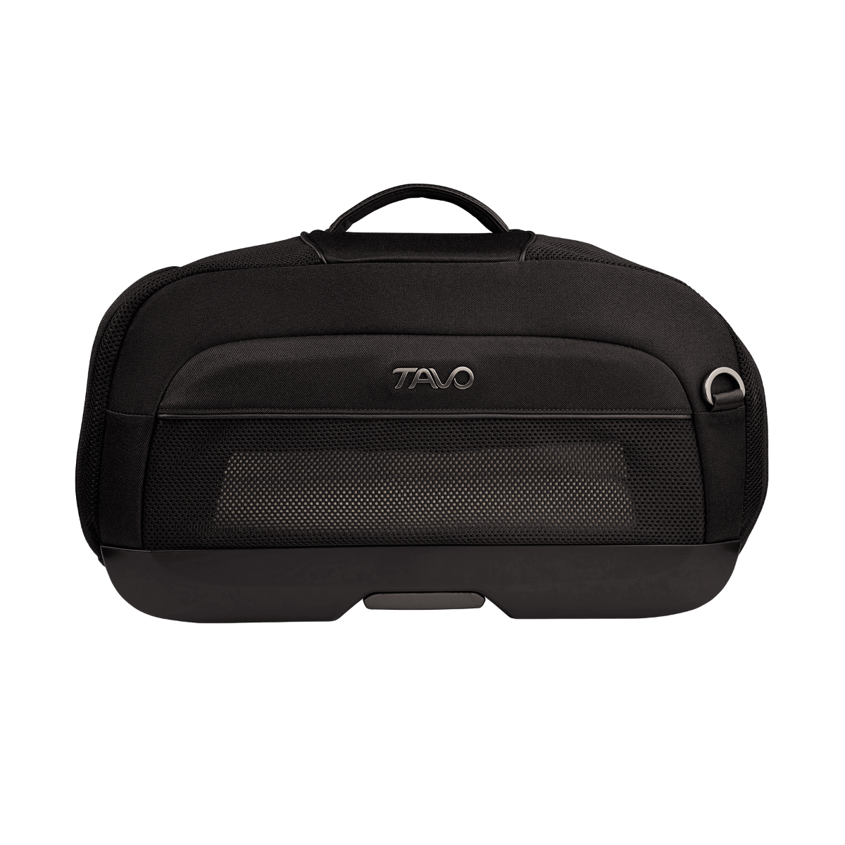 side view of compact, black pet car seat with mesh window