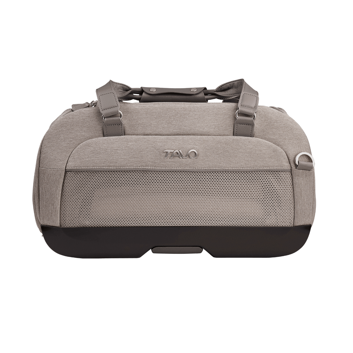 side view of compact, gray pet car seat with mesh window and two carry handles at the top