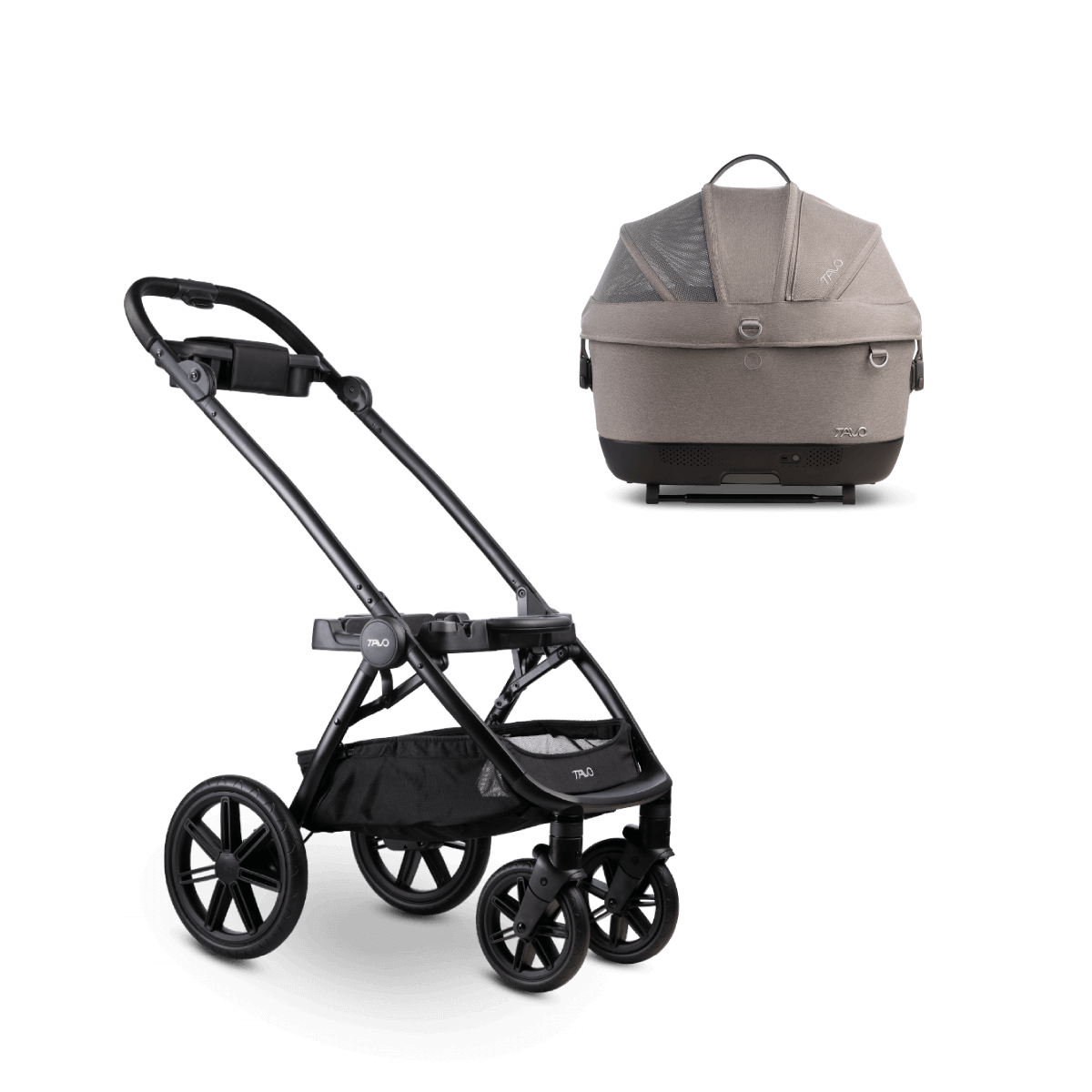 A Maeve iso 5x Wind travel system in the fashion merle showing the Pet Car Seat detached from the Roscoe Trek Stroller Frame