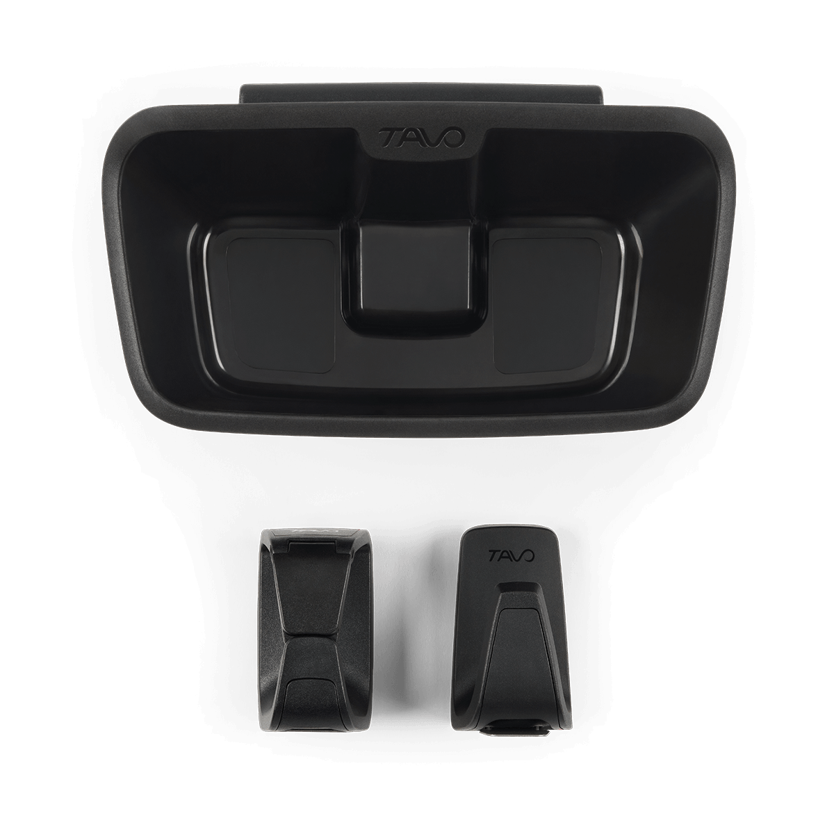 a close up of the accessory kit items of food bin, leash clasp, and leash hook attached to the everett accessory dock
