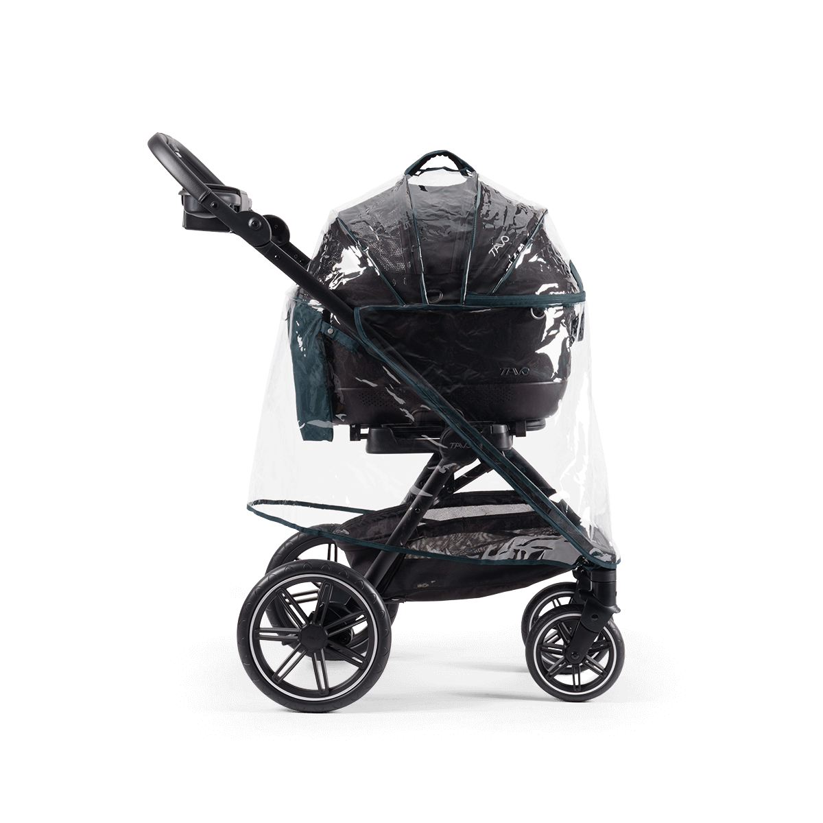 A Tavo Pets rain cover on a Maeve 5 series pet travel system shown from an angle
