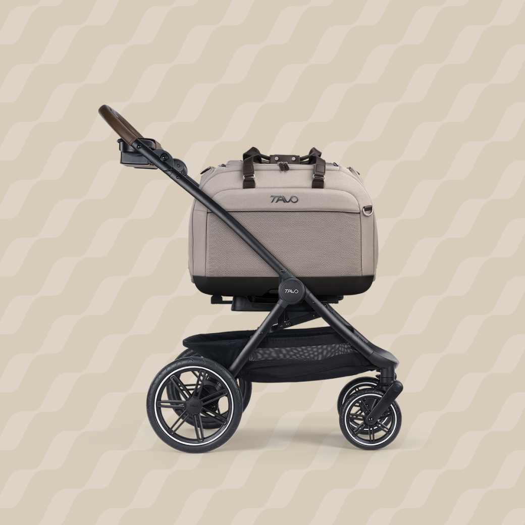 A Hendrick  Pet Car Seat, in tawny, and attached to the Roscoe Trek 2.0 Pet Stroller Frame from a side profile
