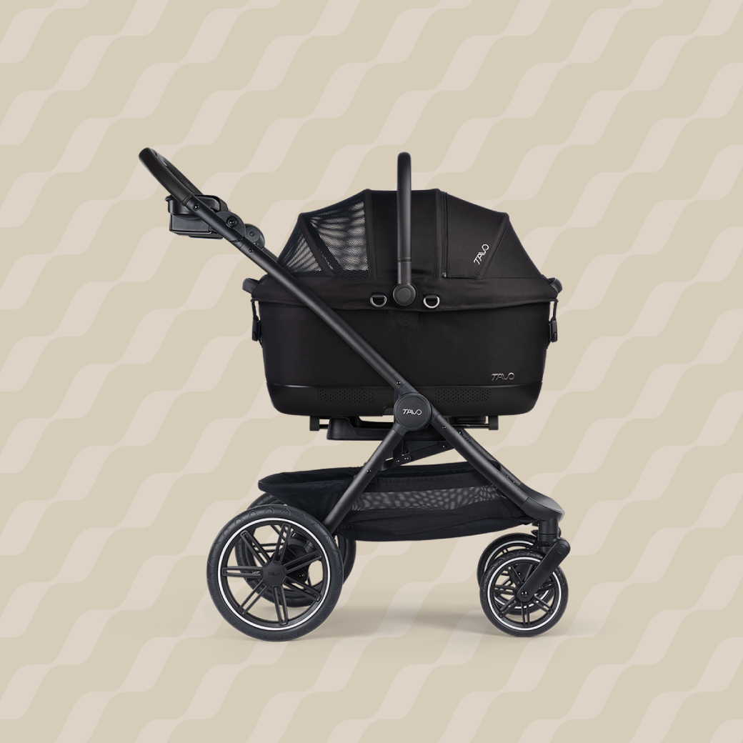 A Maeve iso 6x Pet Car Seat closed, in onyx, and attached to the Roscoe Trek 2.0 Pet Stroller Frame from a side profile
