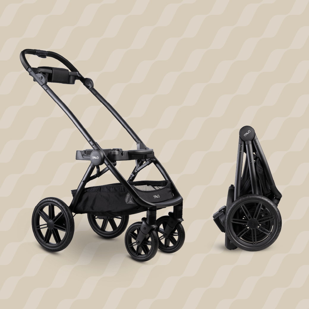 Two black Roscoe Pet Stroller Frames side by side, one open and the other folded