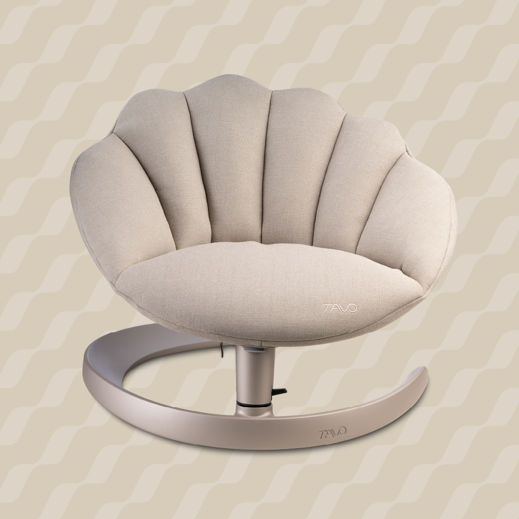 The shell seat pad in fawn showing entire seat complete with stand
