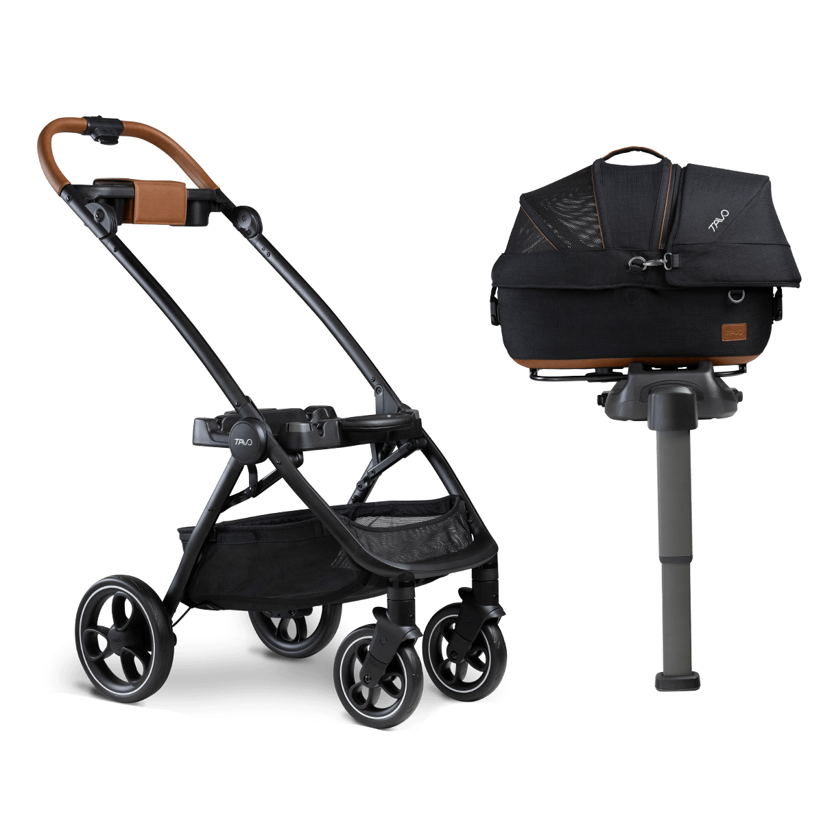 small pet carrier on vehicle base and stroller frame