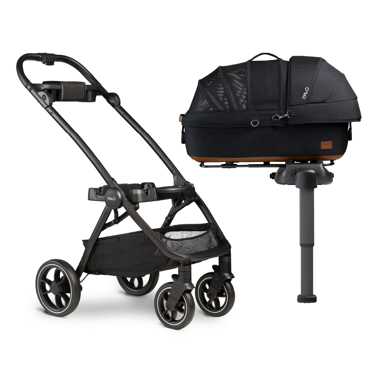 Black medium pet carrier on vehicle base and stroller frame