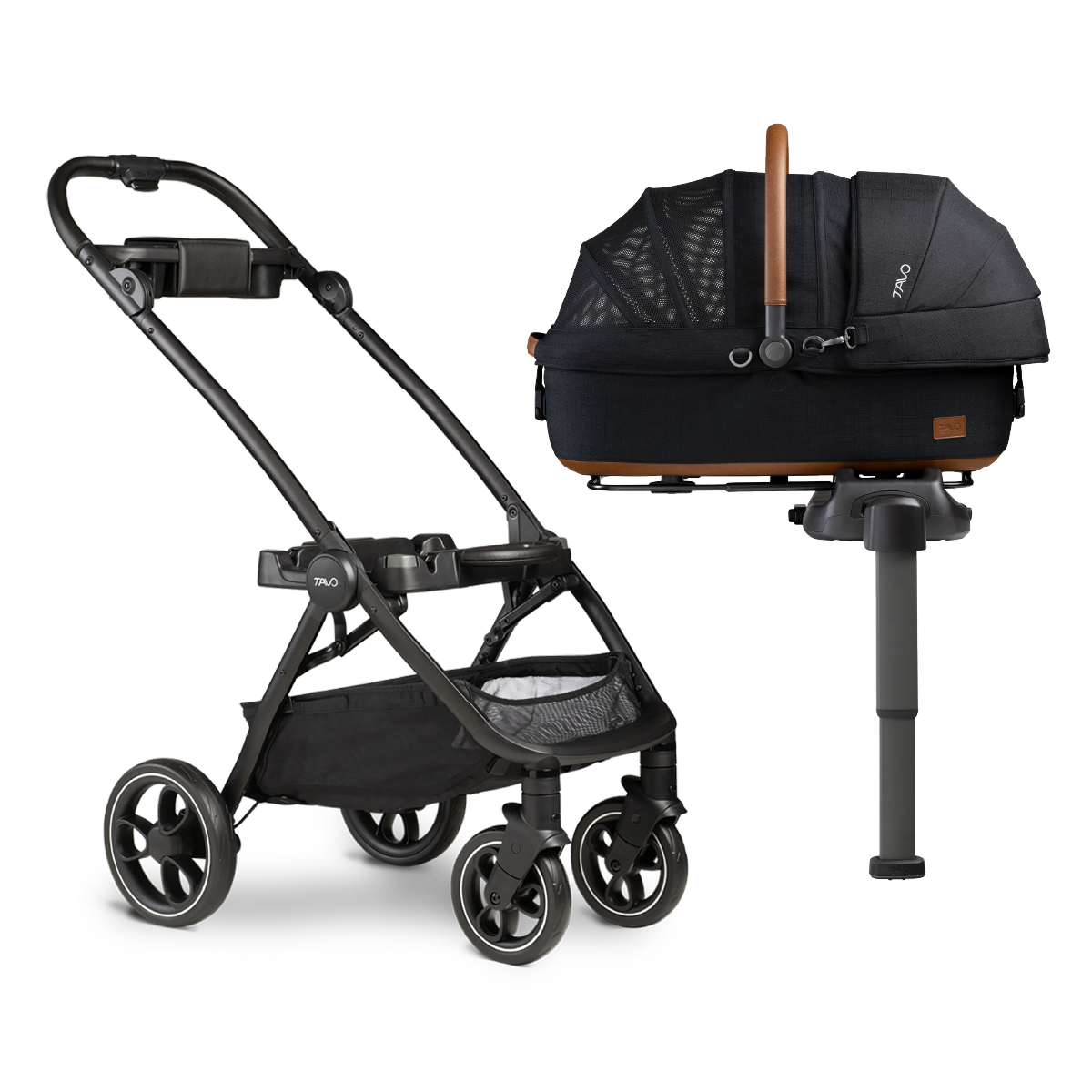 Black medium pet carrier with hard carry handle on vehicle base and stroller frame