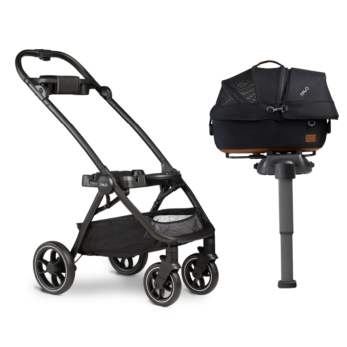 Black small pet carrier on vehicle base and stroller frame