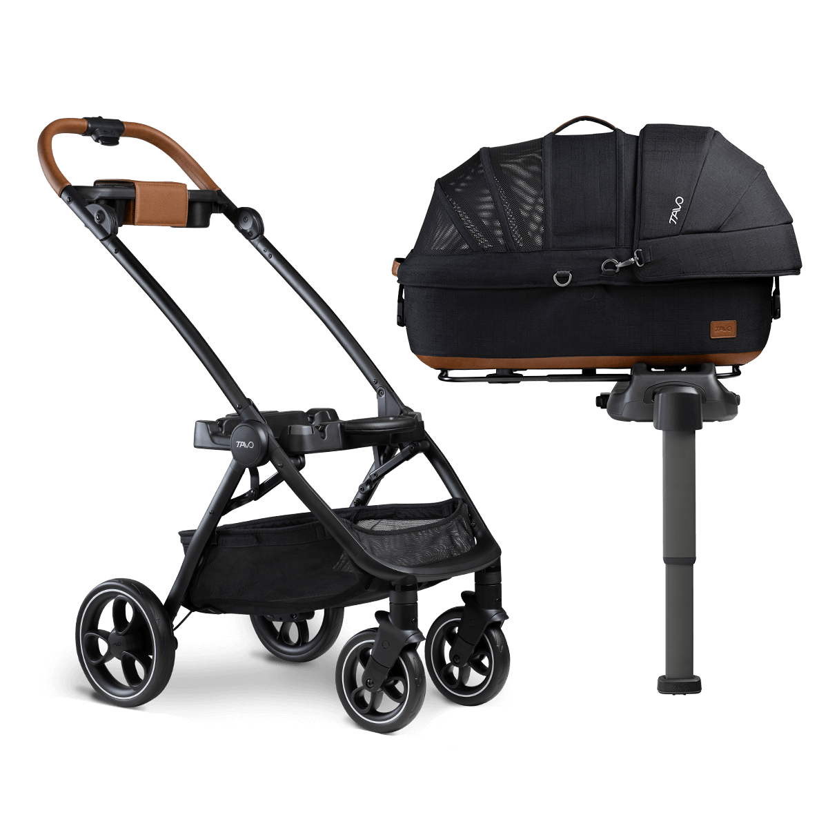 Black medium pet carrier on vehicle base and stroller frame