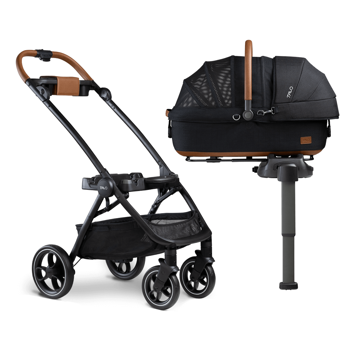 Black medium pet carrier with hard carry handle on vehicle base and stroller frame