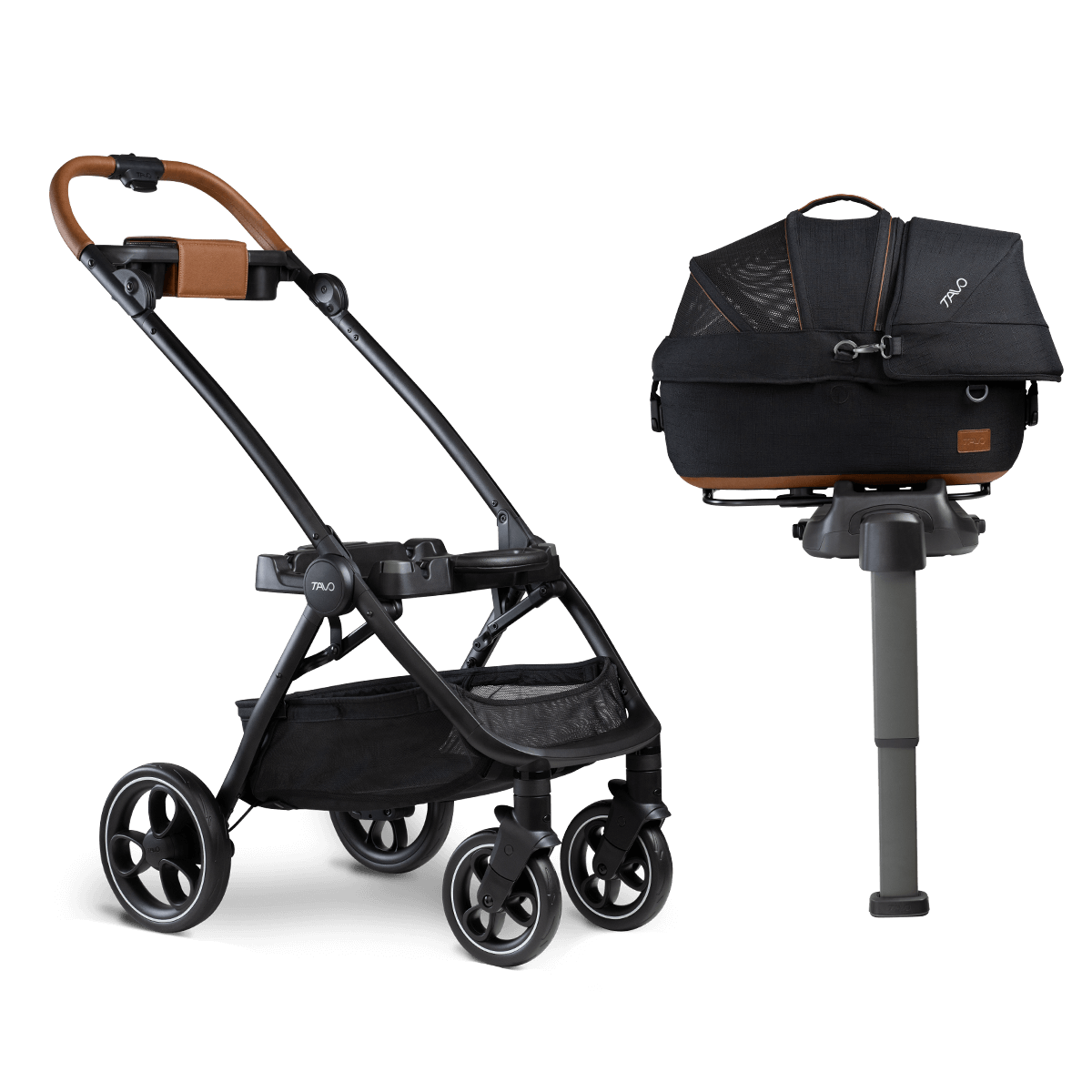 Black small pet carrier on vehicle base and stroller frame