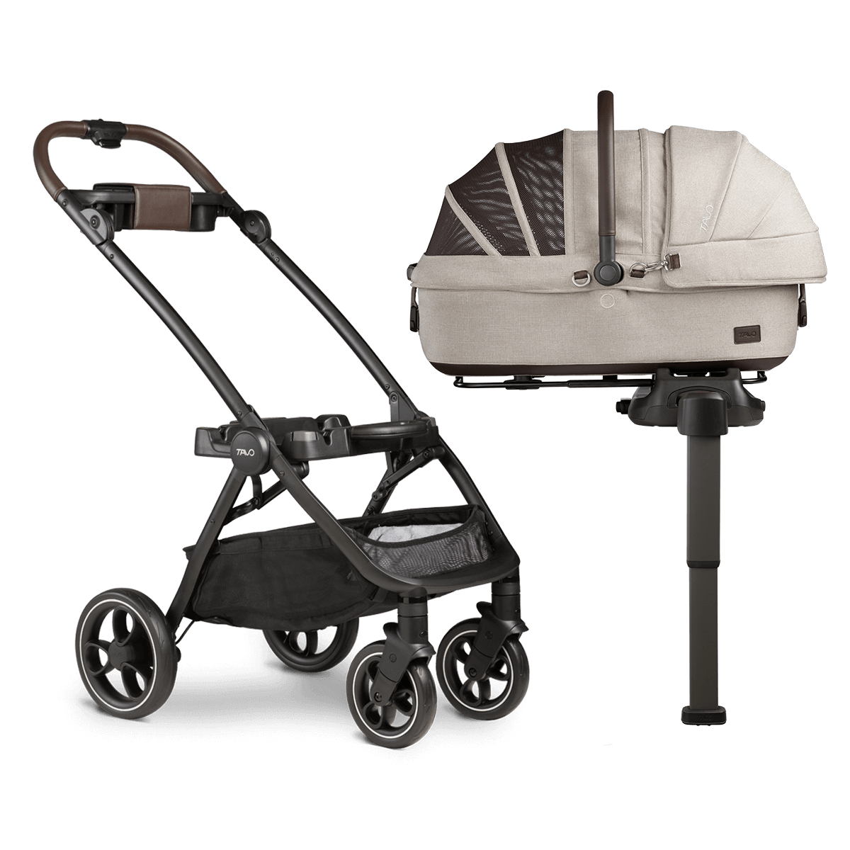 Beige medium pet carrier with hard carry handle on vehicle base and stroller frame