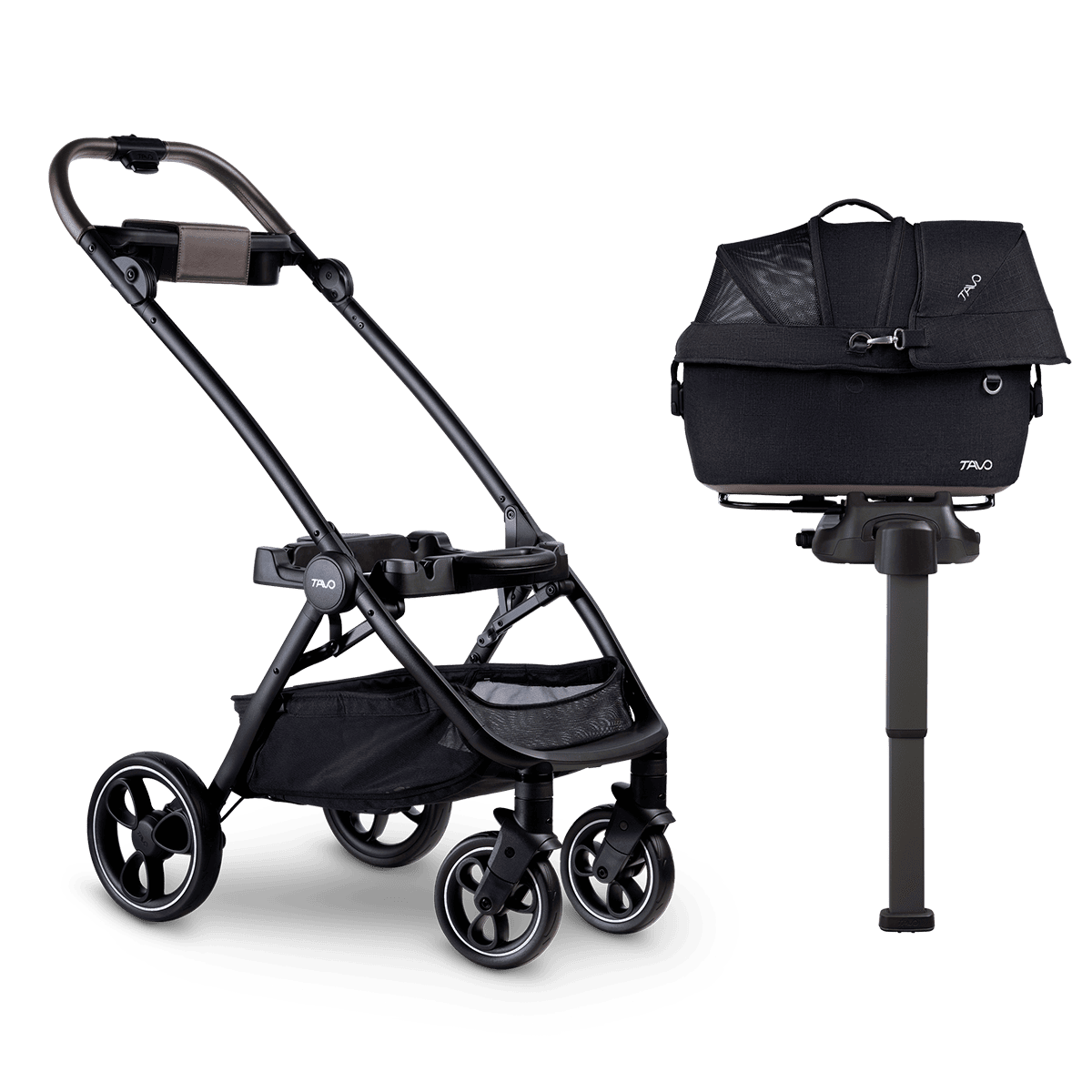 small pet carrier on vehicle base and stroller frame