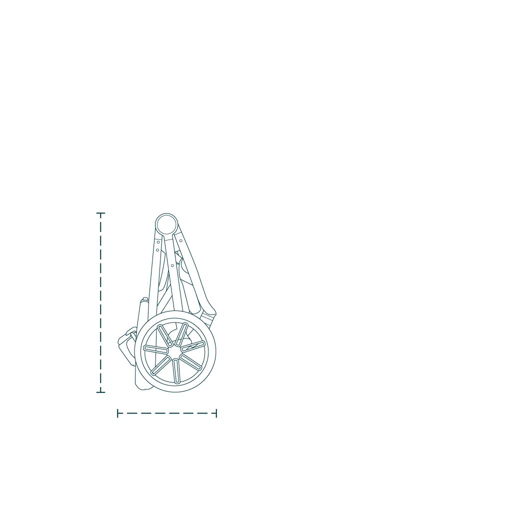 A line art drawing of the Roscoe Trek 2.0 Pet Stroller Frame folded with dotted lines measuring its length and heightA line art drawing of the Roscoe Trek 2.0 Pet Stroller Frame folded with dotted lines measuring its length and height
