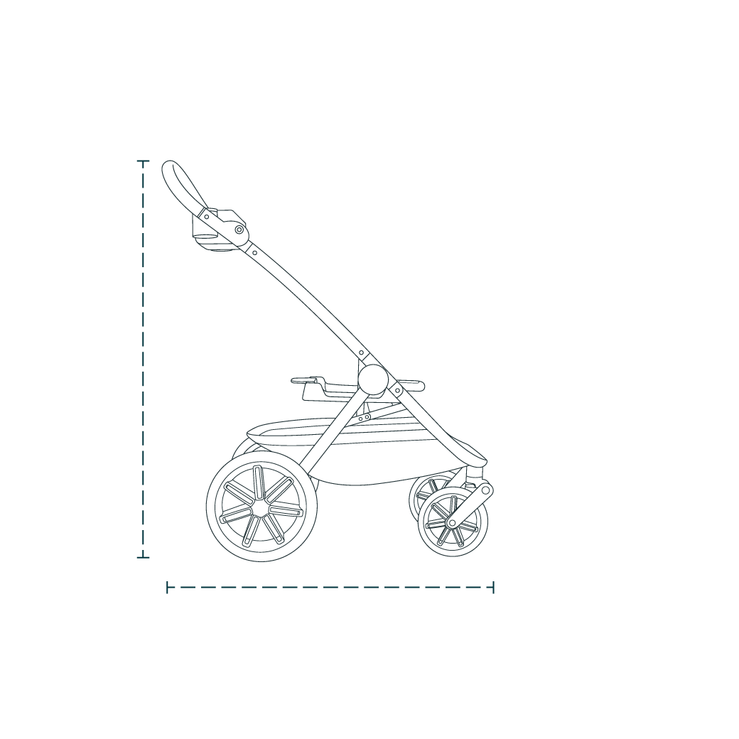 A line art drawing of the Roscoe Trek 2.0 Pet Stroller Frame with dotted lines measuring its length and height