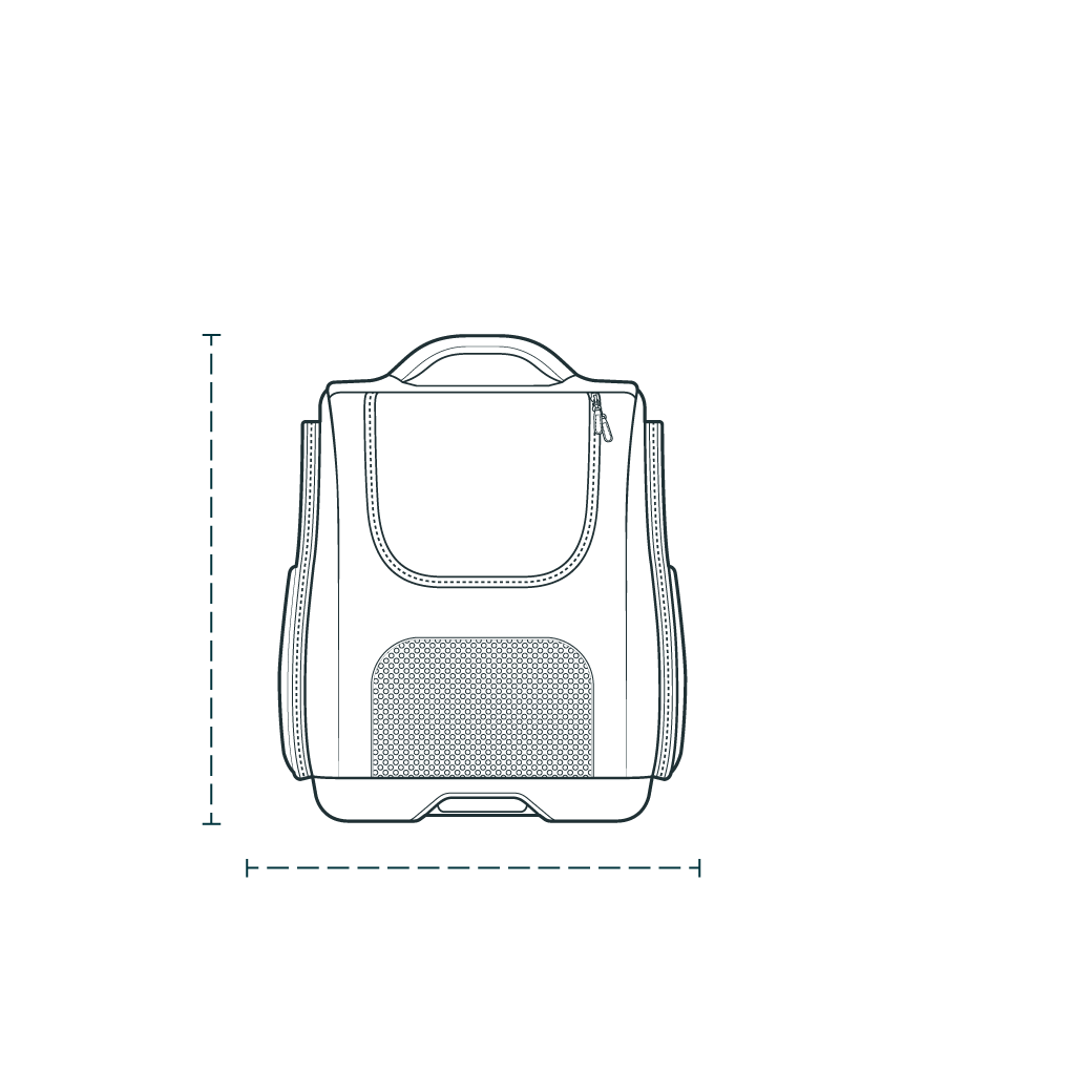 A line art drawing of the Kamella Pet Backpack and Car Seat with dotted lines measuring its length and height