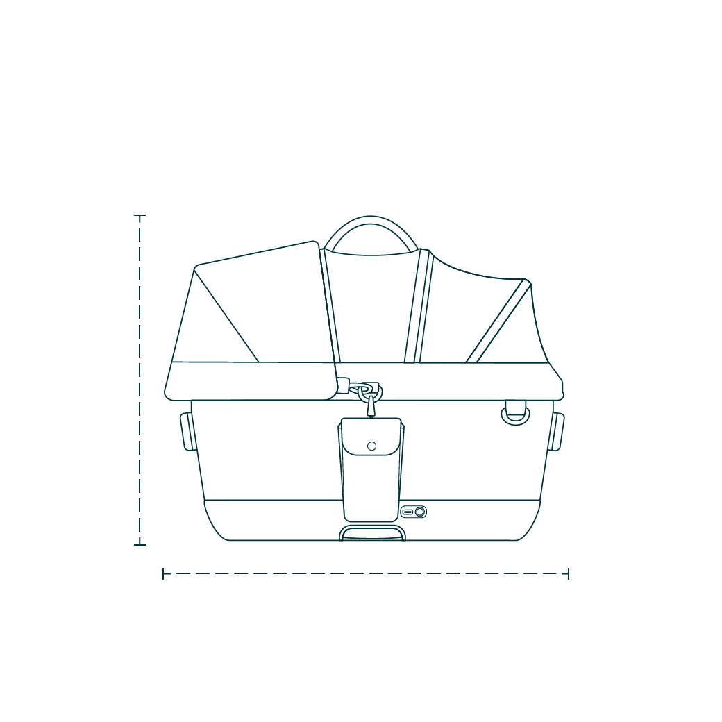 An outline of the Maeve iso 5x Wind Pet Car Seat and lines to measure it