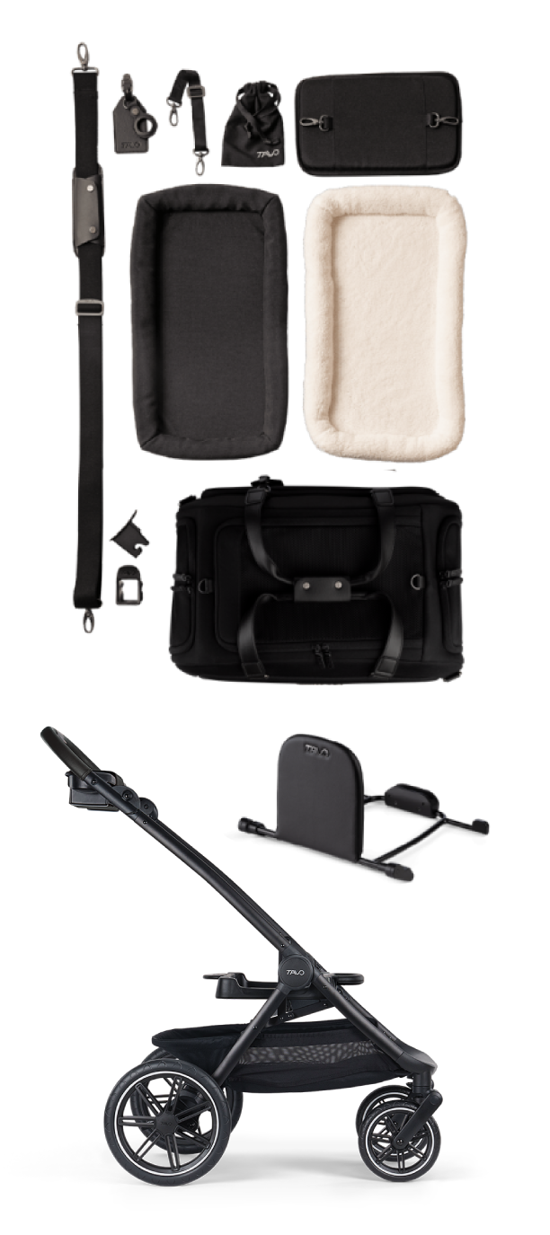 A layflat image of all the things that come in the box with the Hendrick + Roscoe Trek 2.0 Pet Travel System