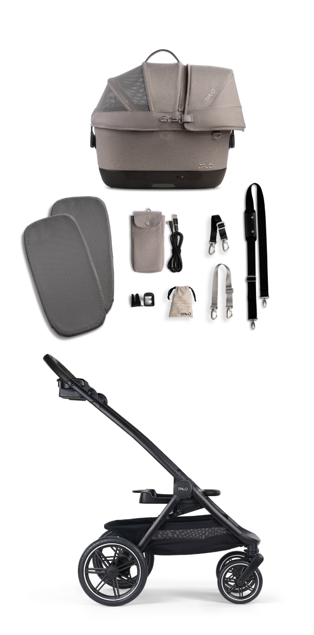 A layflat image of all the things that come in the box with the Maeve iso Wind + Roscoe Trek 2.0 Pet Travel System 
