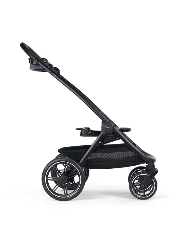 A Roscoe Trek 2.0 Pet Stroller frame in black shown from its profile