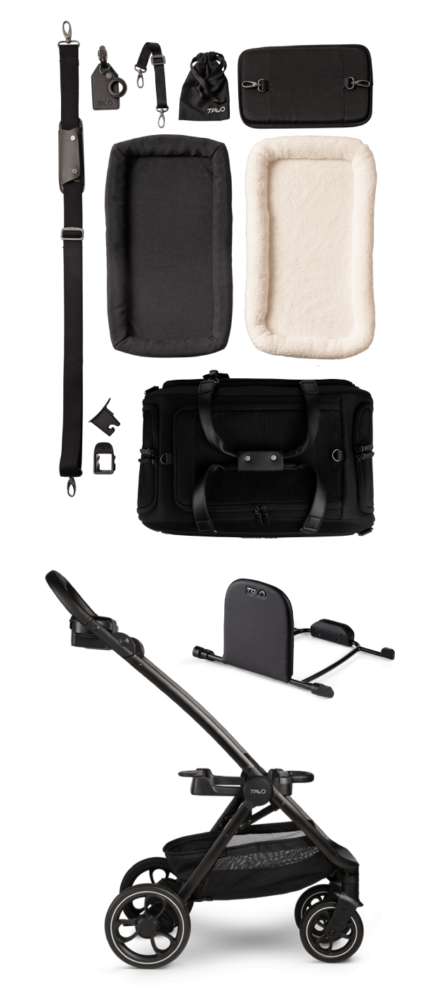 An image of all the things that come in the box with a Hendrick Pet Travel System, including all of the accessories