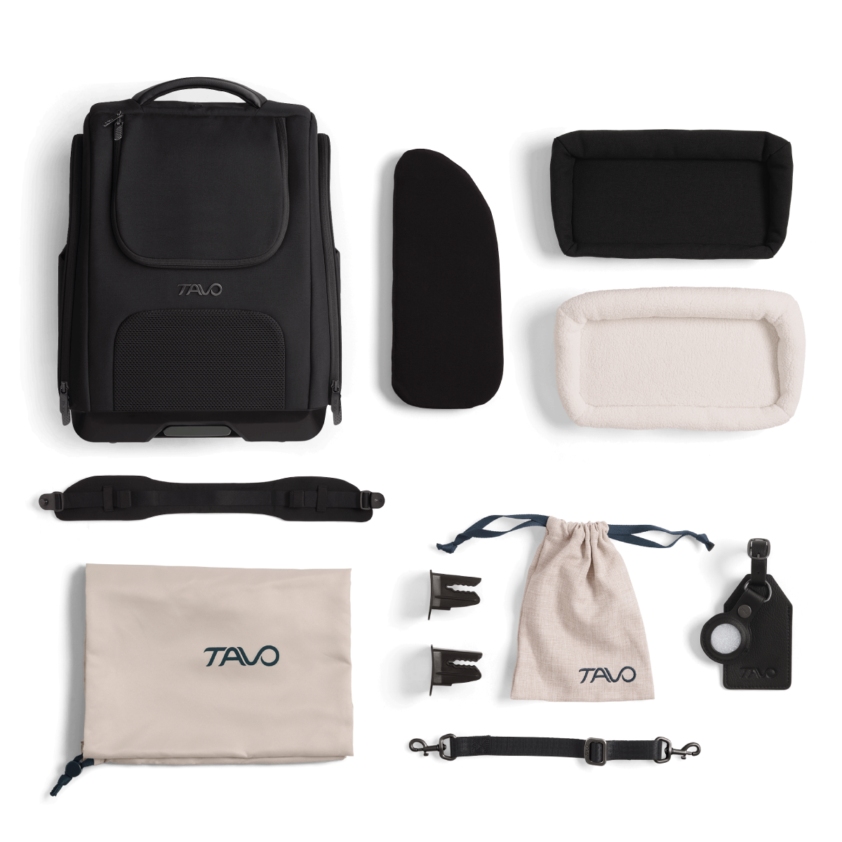 A Kamella Pet Backpack and Car Seat, in onyx, showing all of the items that come in the box