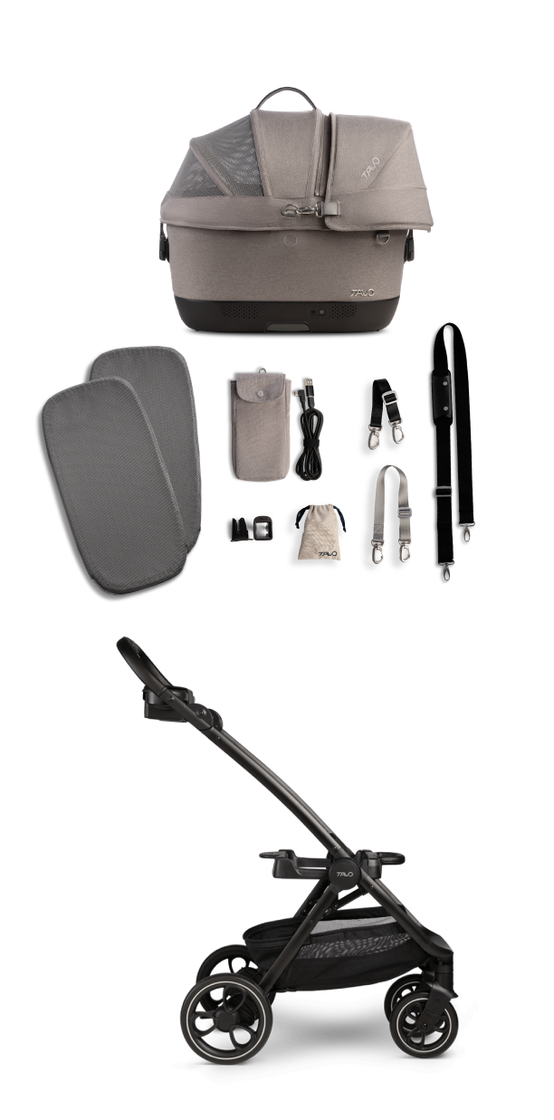 An image showing all of the items that come in the box with the Maeve iso Wind Pet Car Seat