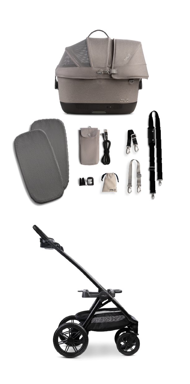 An image showing all of the items that come in the box with the Maeve iso Wind Pet Travel System