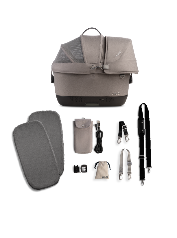 An image showing all of the items that come in the box with the Maeve iso Wind Pet Car Seat
